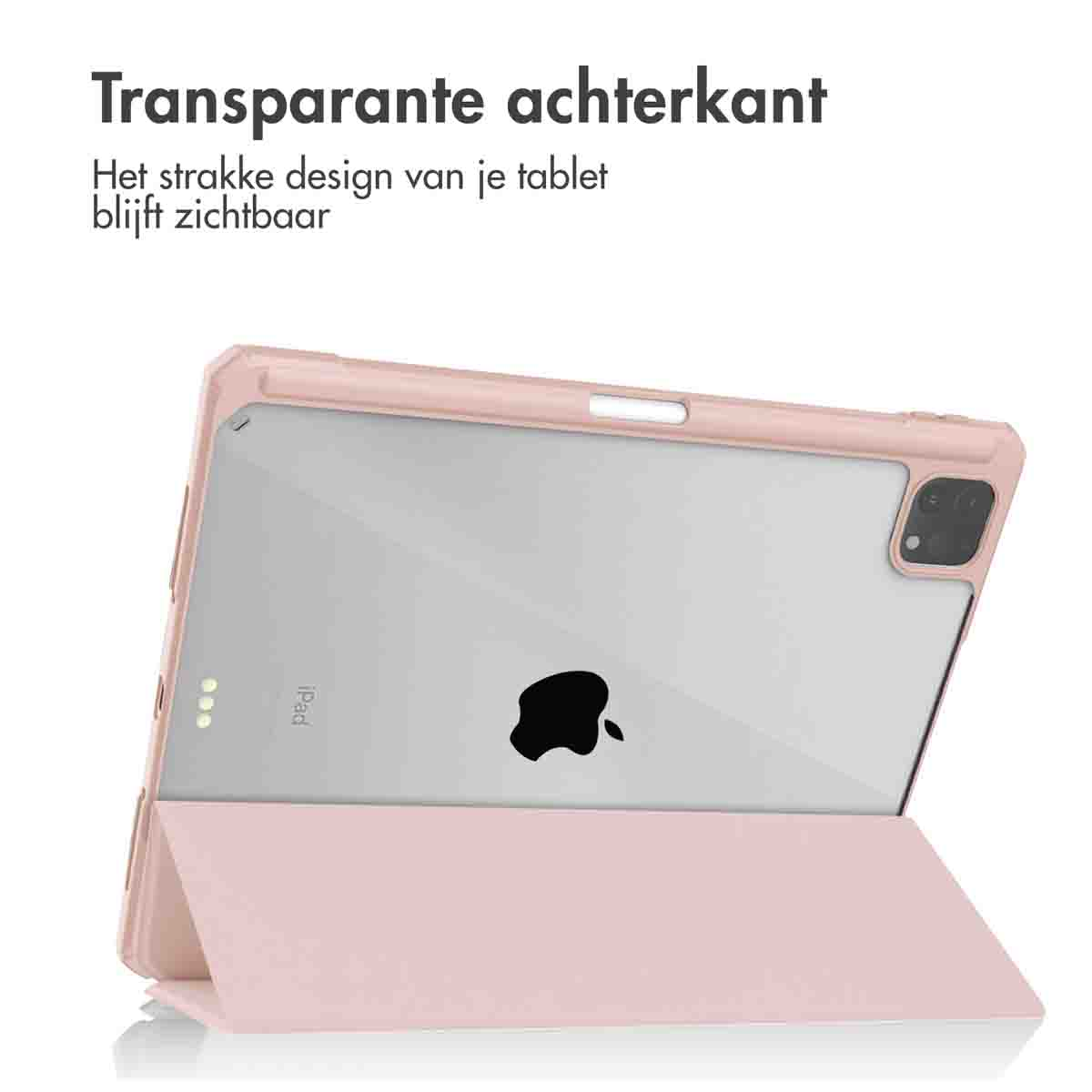 Pink tablet case, iPad visible. Text: Transparent back.
