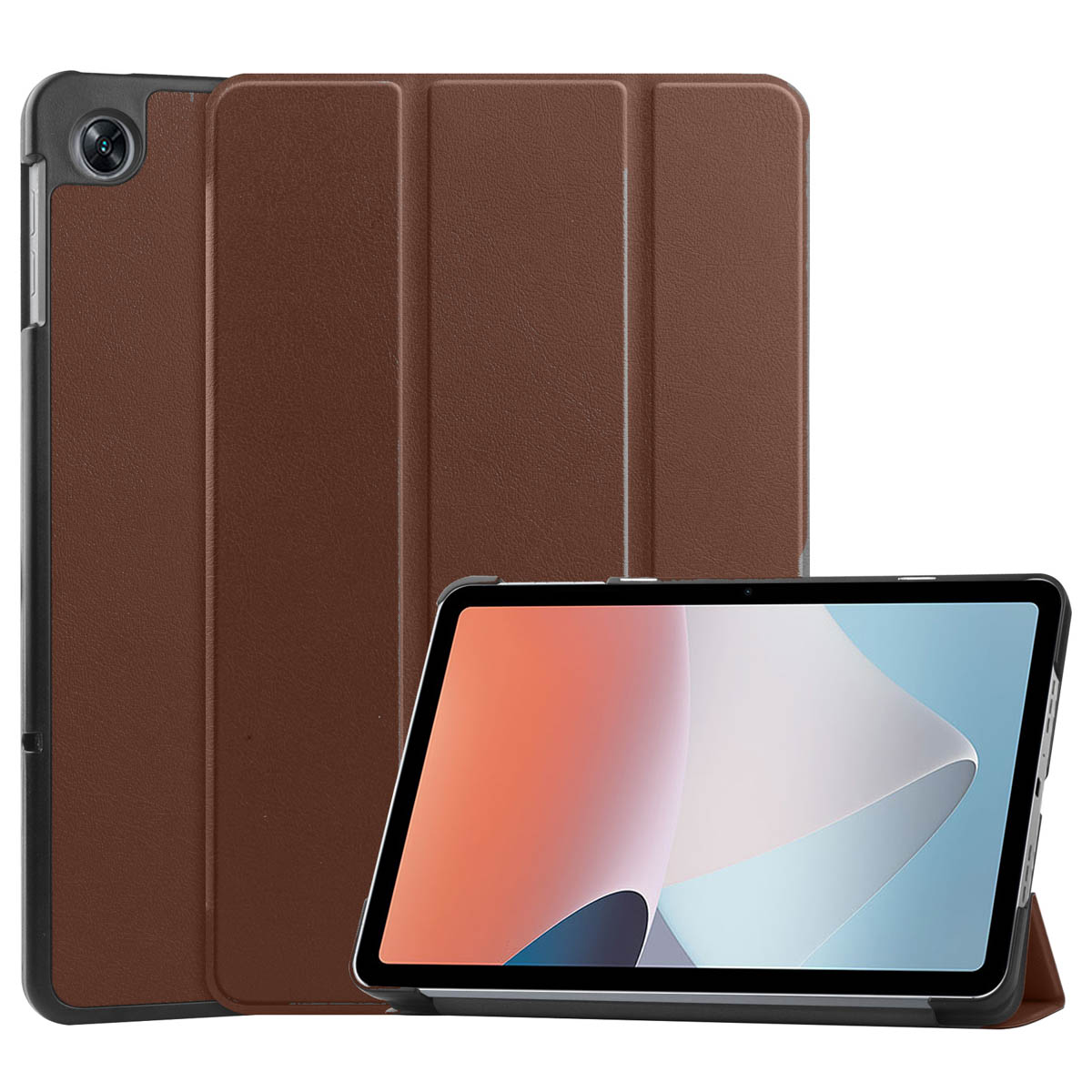 Tablet in bruine, leren hoes, open. Bruine hoes en zwart frame, tablet met oranje en blauwe afbeelding.