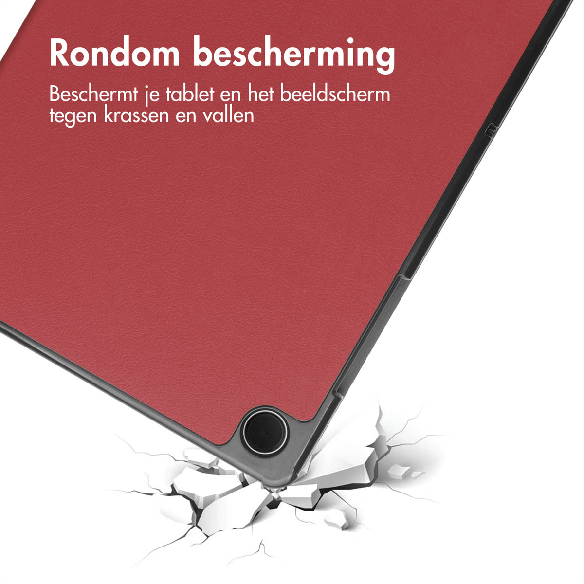 Rode tabletcover met een zwart frame. Scheuren in de grond. Witte achtergrond. Tekst.