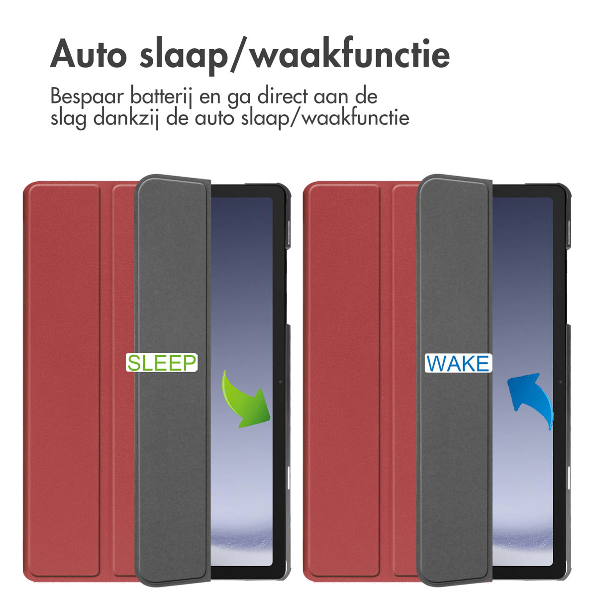 Tablethoes die slaap- en waakmodi toont met rode hoes en grijs interieur.