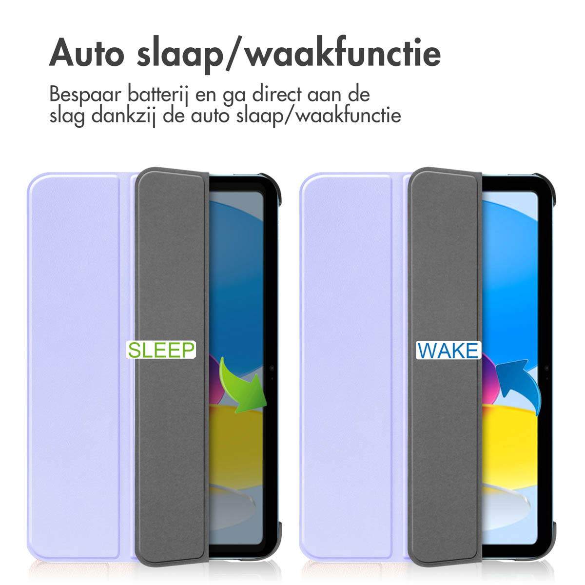 Een paarse tablethoes, open om de tablet te tonen, met tekst over slaap/wake-functie.