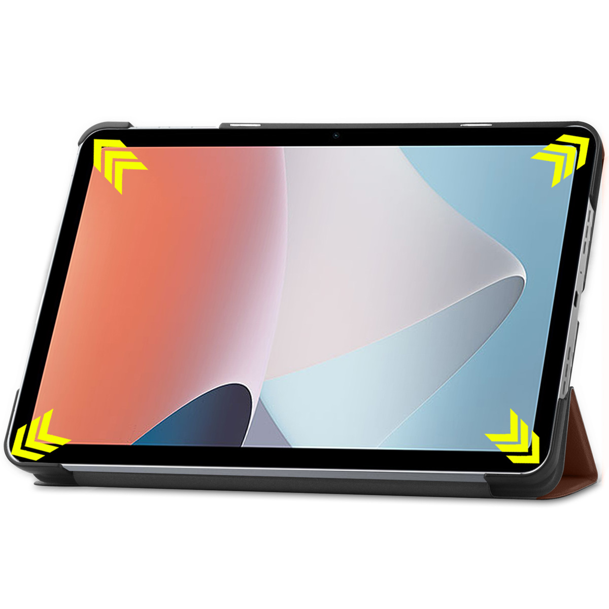 Een tablet in een hoesje, met pijlen die schermbescherming aangeven. De hoes is zwart met een bruine rand.