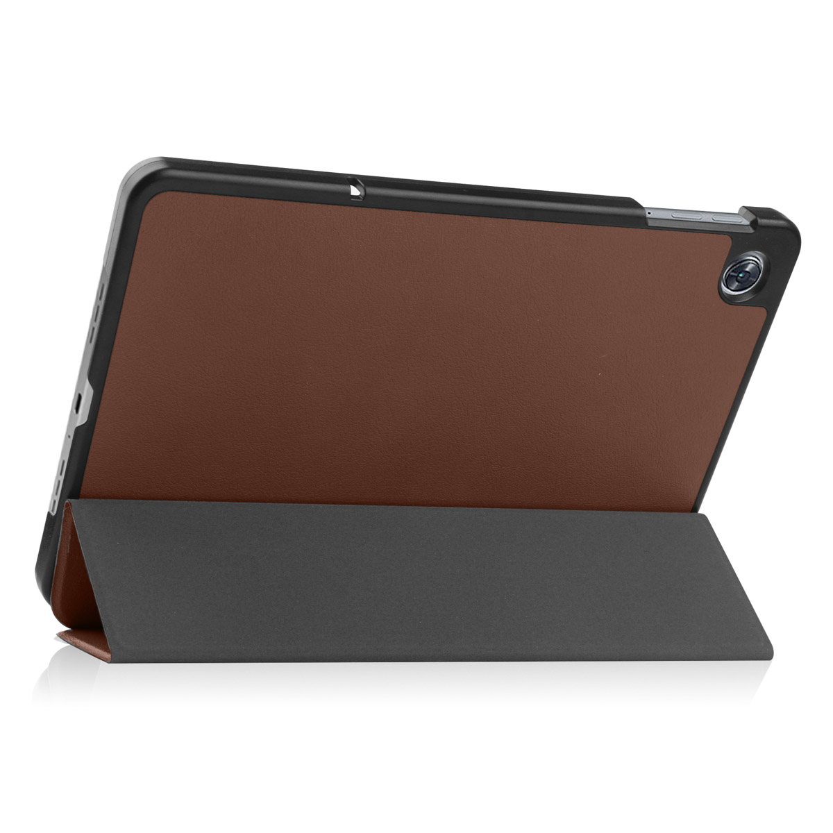Tablet in bruine leren hoes, opgevouwen om te staan. Zwarte afwerking, met camera en knoppen.