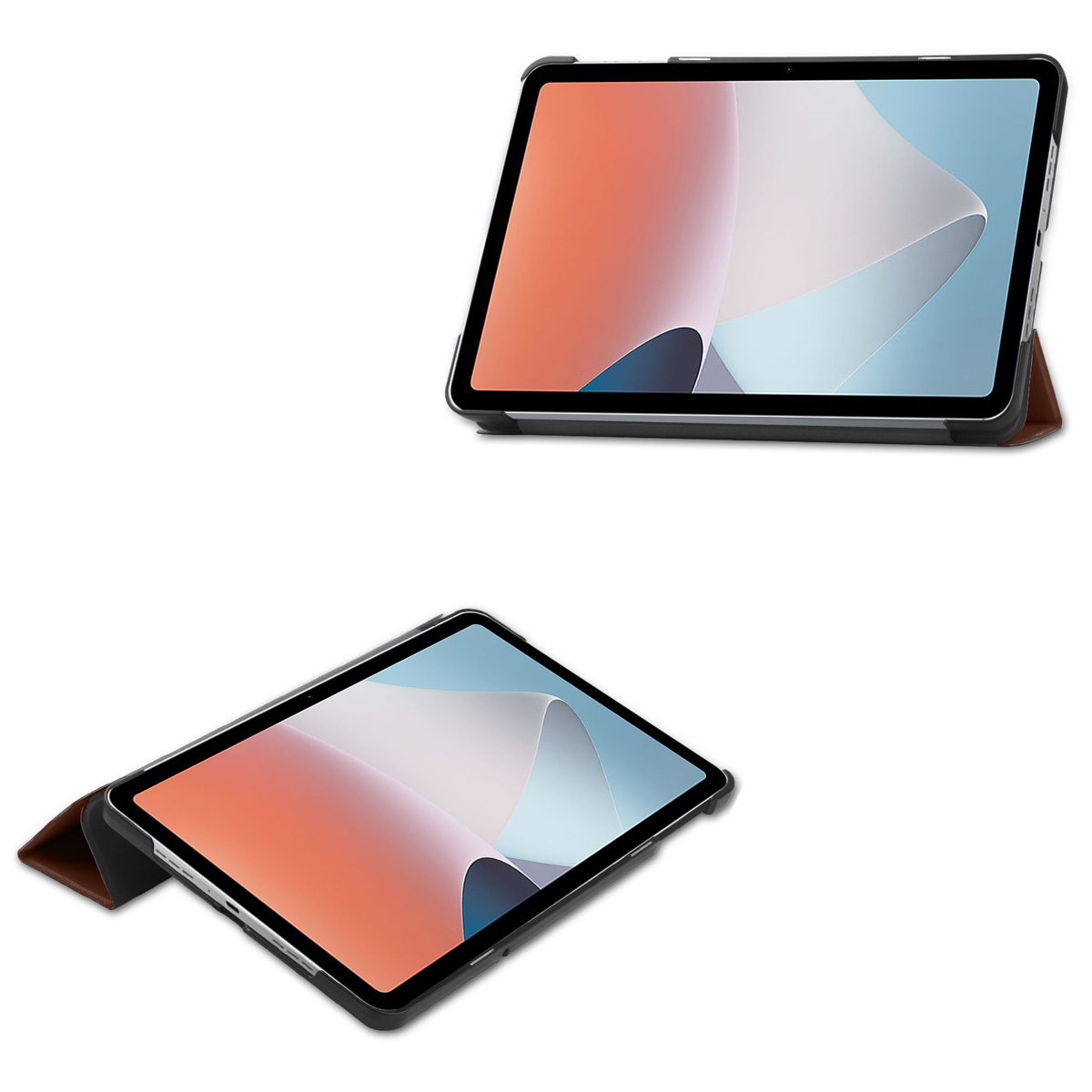 Twee tablets in een hoes. Eén is open, met een scherm. De andere is gesloten. Witte achtergrond.