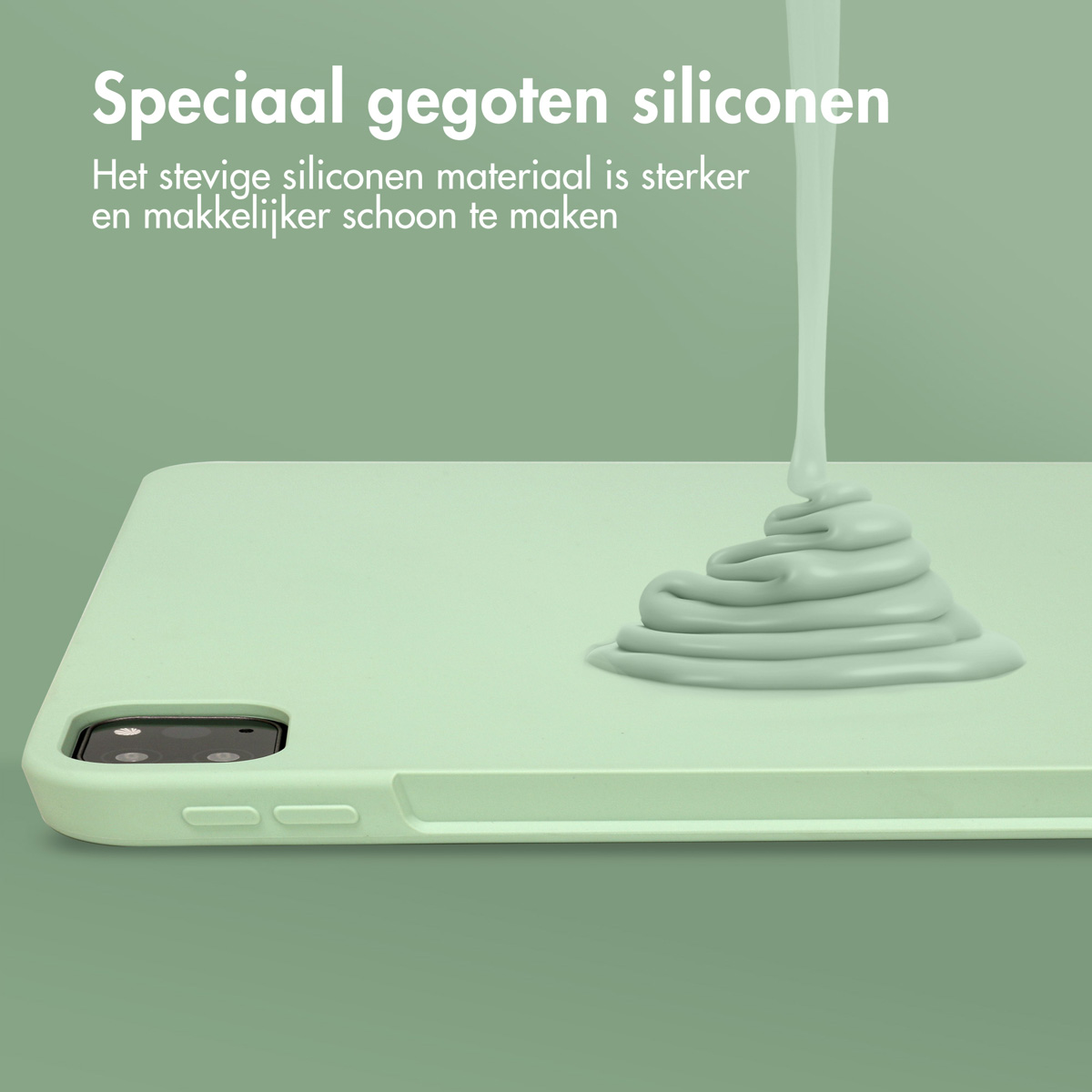 Image shows a green tablet case with a liquid being poured onto it.