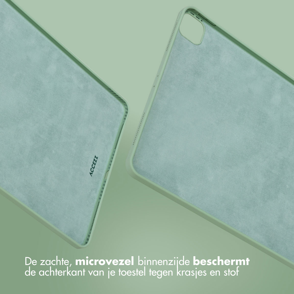 Two phone case pieces, mint green, with soft interior.