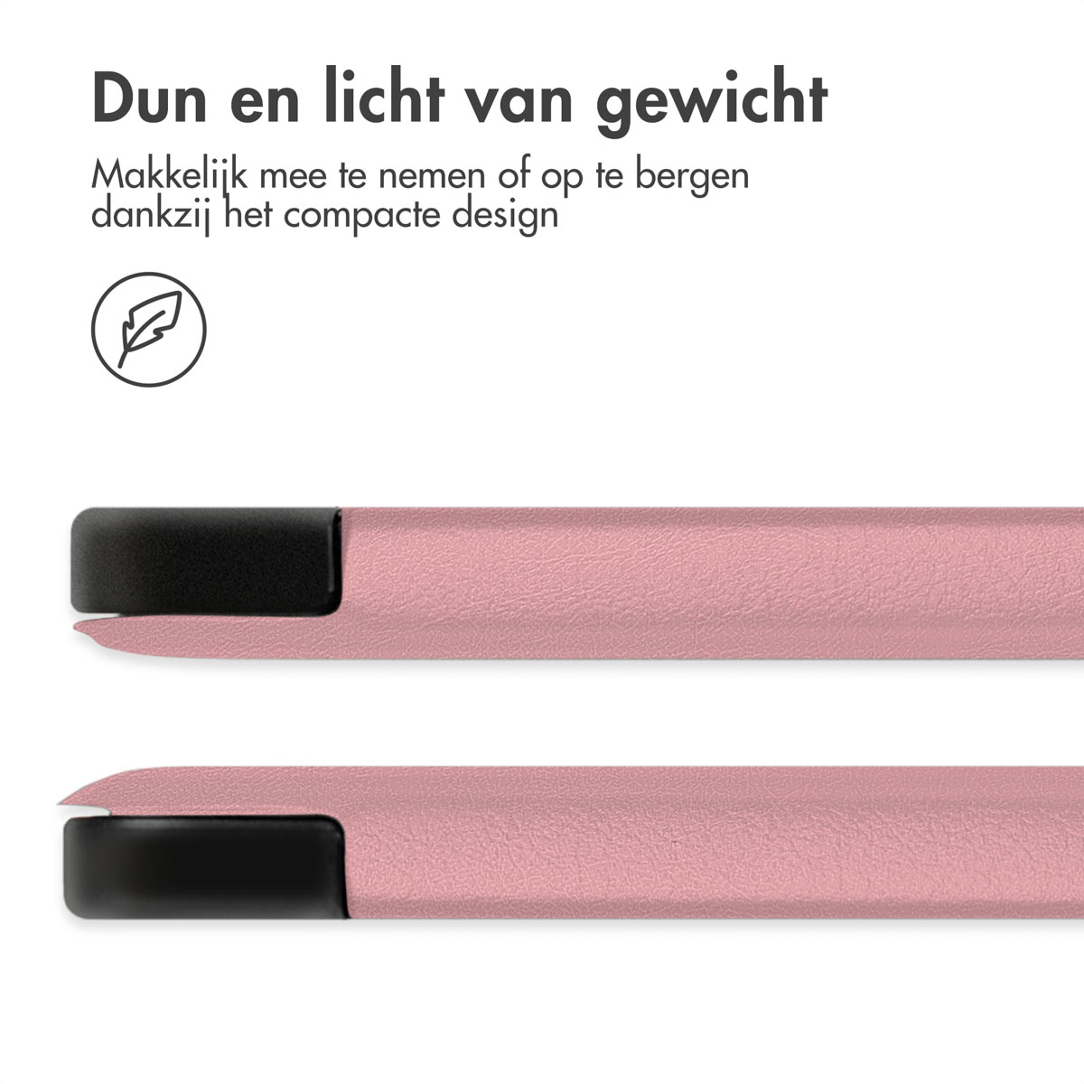 Pink tablet case edge. Text: Thin and lightweight.
