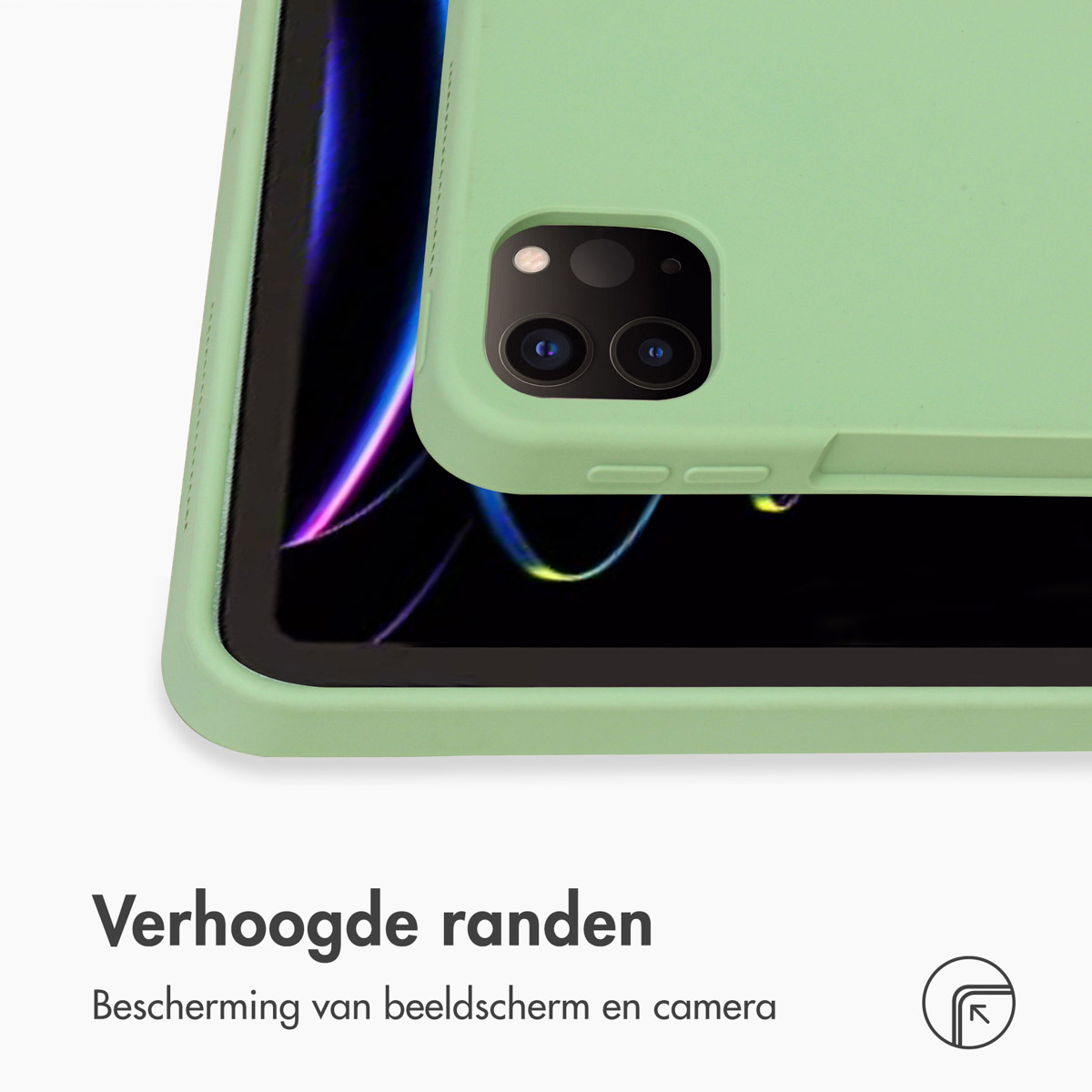 Tablet in a green case. The case is open, showing the tablet inside. Different views.