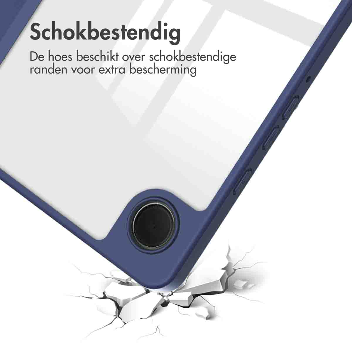 Tablet case with a blue border, white interior, and text about shock resistance.
