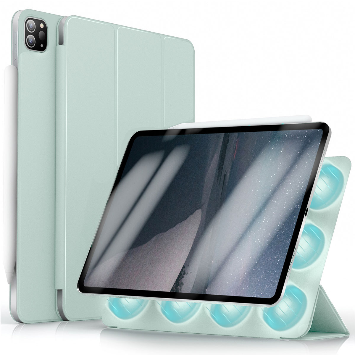 Een tablet in een mintgroene hoes, met een pen en een standaard. Het scherm toont een sterrenhemel.