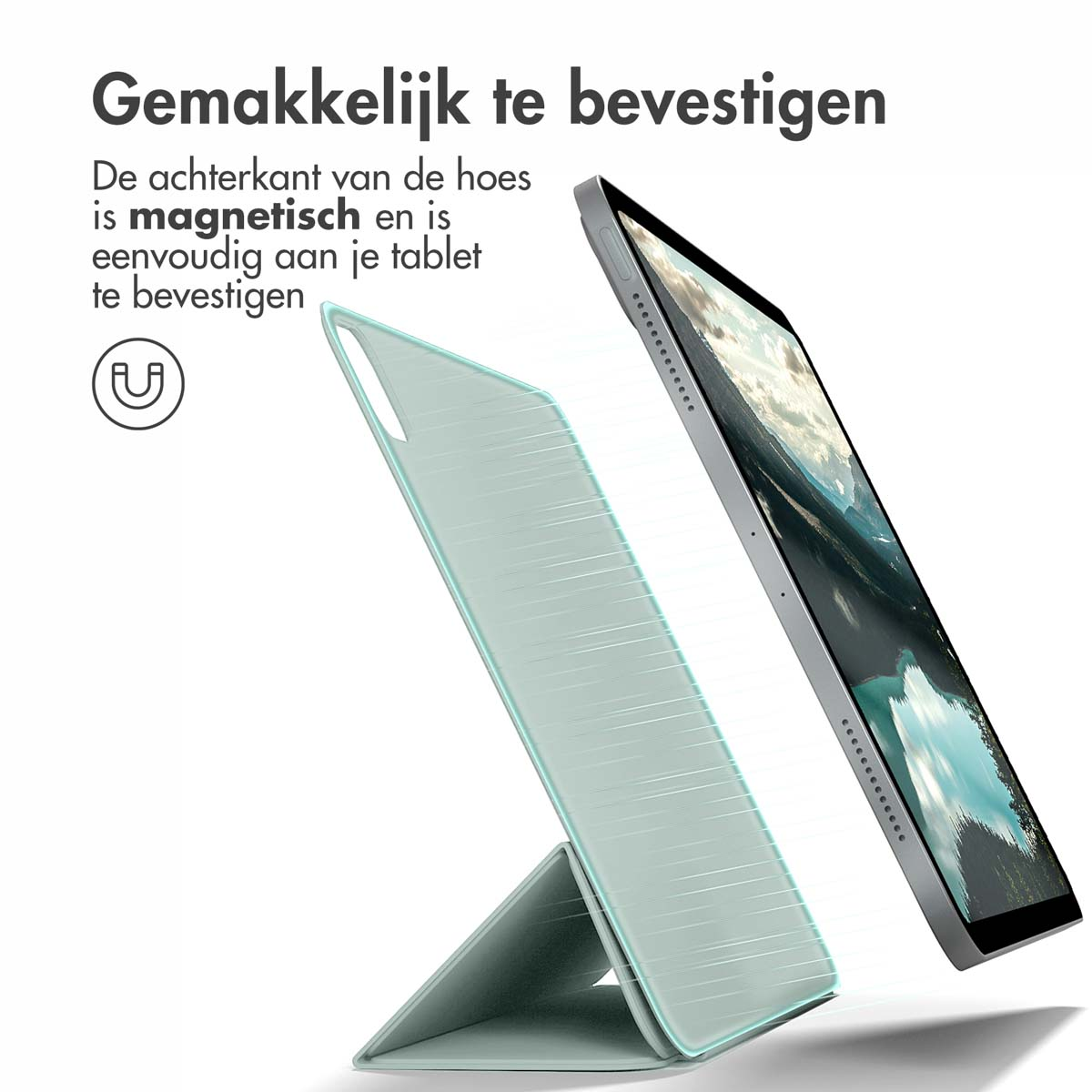 Tablet met mintgroene case en een standaard. De case is magnetisch en makkelijk te bevestigen.