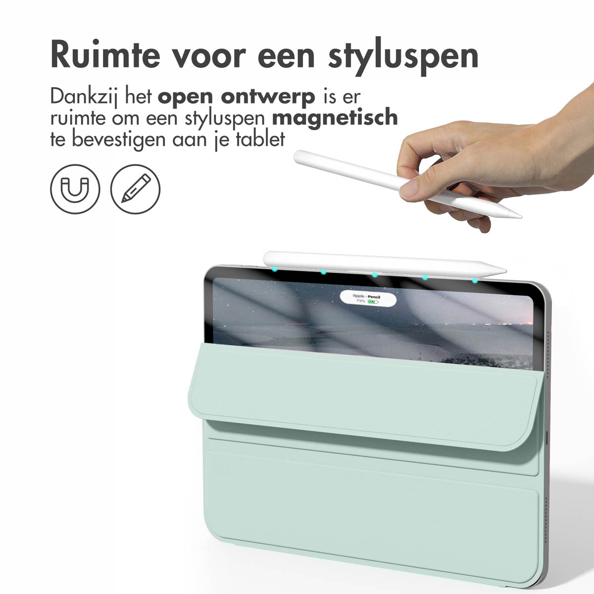 Een tablet met een stylus, die magnetisch kan worden bevestigd. De hoes is lichtgroen.