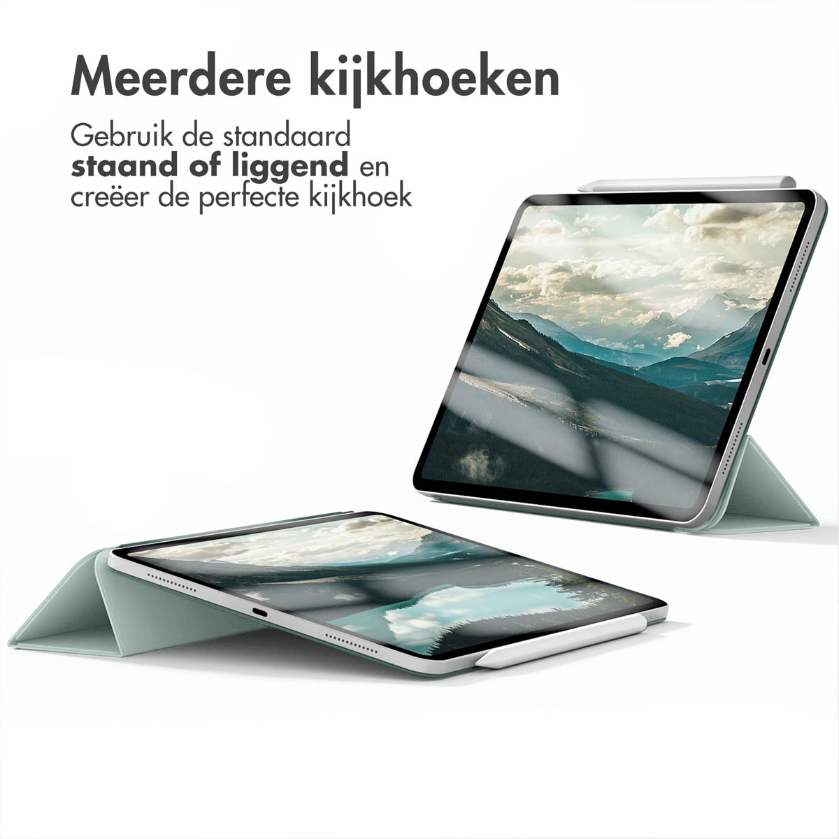Twee tablets in teal cases. Eén heeft een stylus. Tekst: Meerder kijkhoeken. Witte achtergrond.
