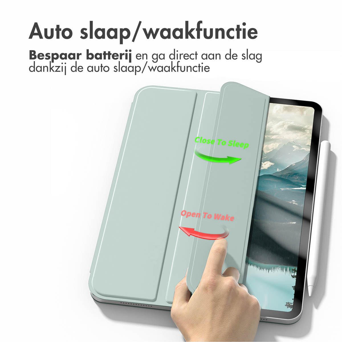 Tablethoes, open. Tekst: Auto sleep/wake functie.