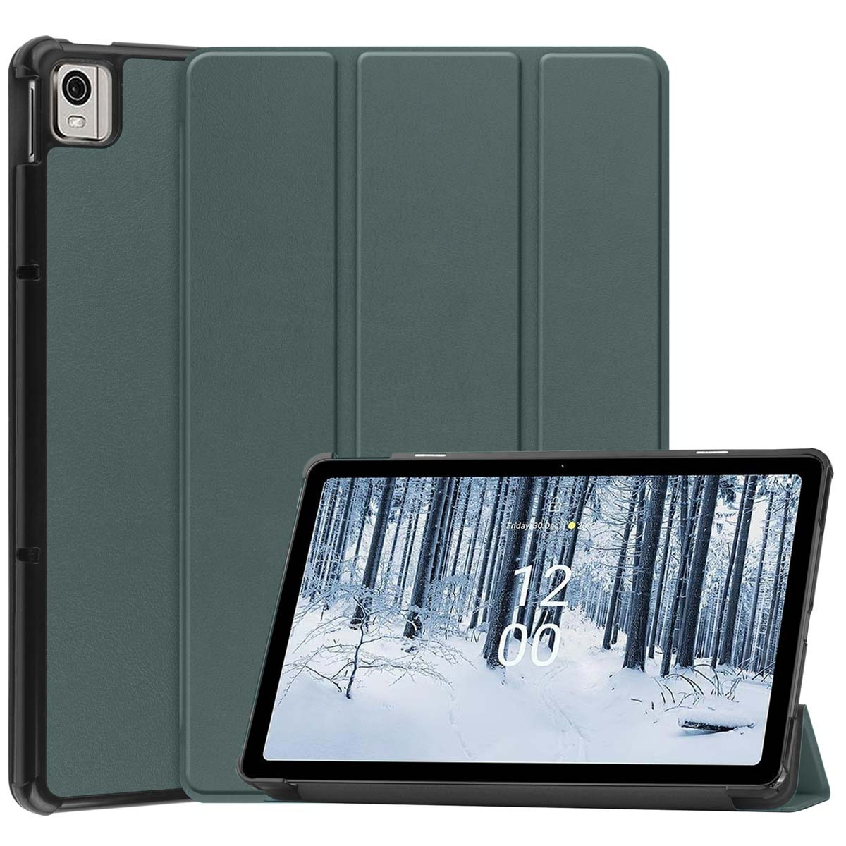Dark green tablet case with a tablet inside, displayed open and closed.