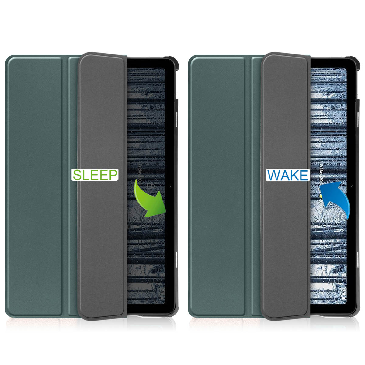 Two tablets with cases, one with the word SLEEP, the other with the word WAKE, with green arrows.