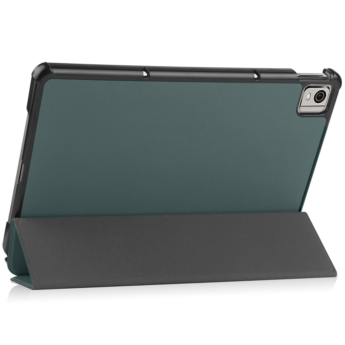A tablet case in dark green, folded open. The tablet is visible, the case acting as a stand.