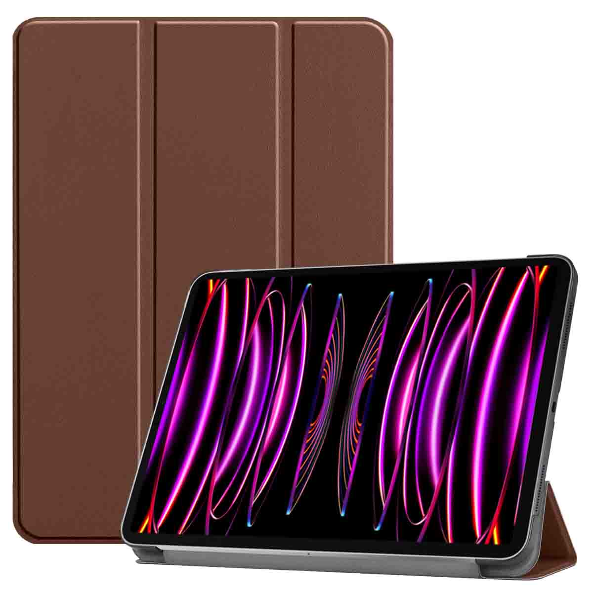 A brown tablet case with a tablet inside, showing the screen and a stand.