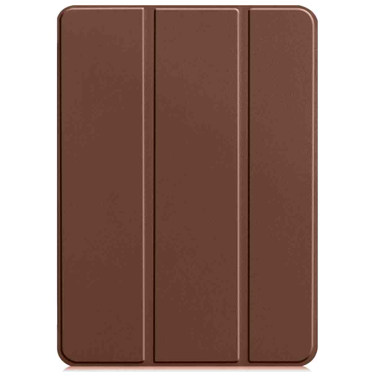 A brown tablet case, folded. The case has three panels, with a smooth, solid surface.
