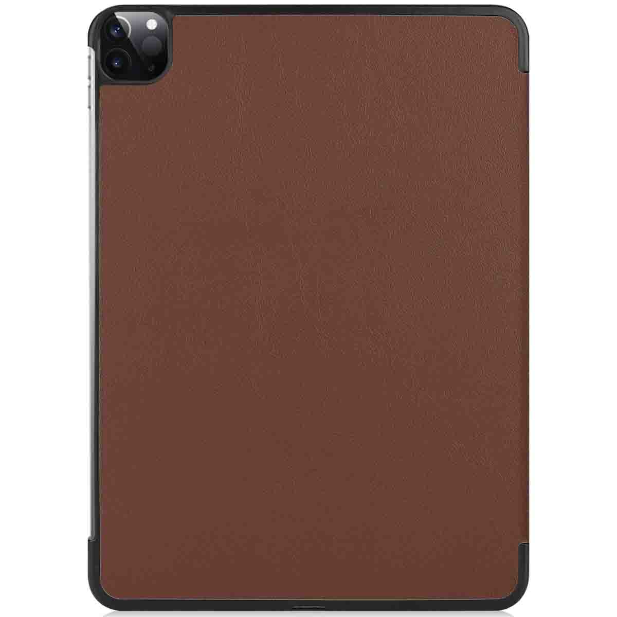 Brown tablet case with black frame, showing the back of the tablet.