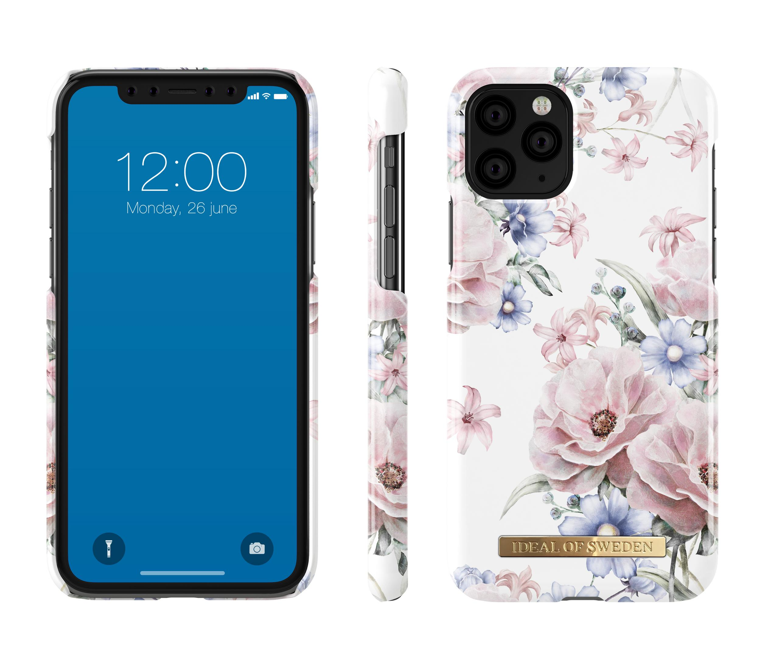 Custodia per iPhone con design floreale. Lo schermo del telefono mostra ora e data. Sfondo bianco.