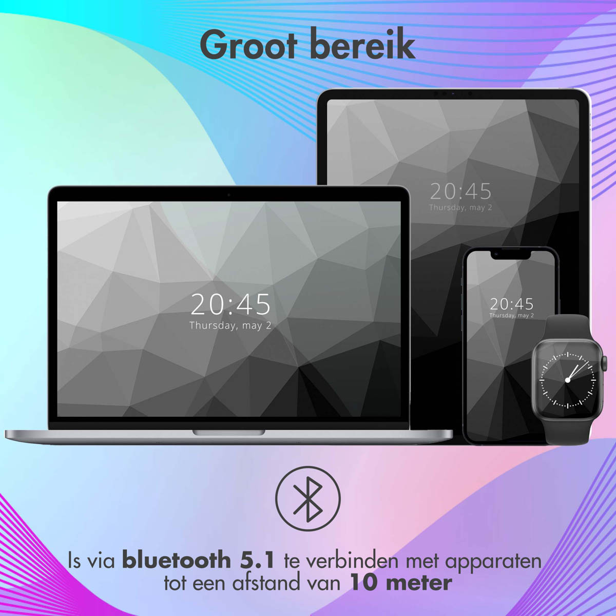 Een laptop, een tablet, een telefoon en een horloge die dezelfde tijd weergeven. Tekst: Groot bereik. Bluetooth.
