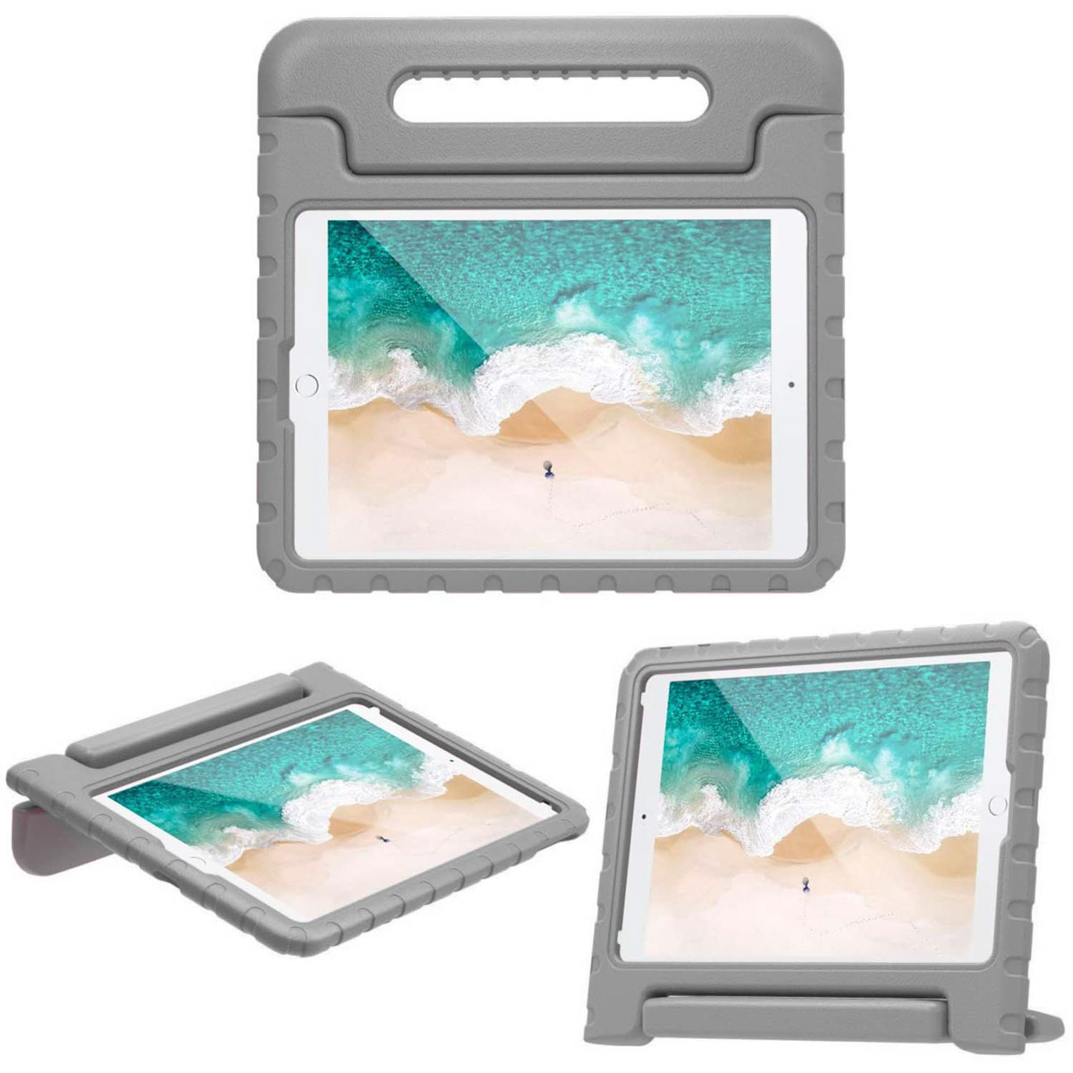 Grijze schuimtabletcase, drie weergaven. Tablet binnenin met strandscène. Witte achtergrond, productfoto.