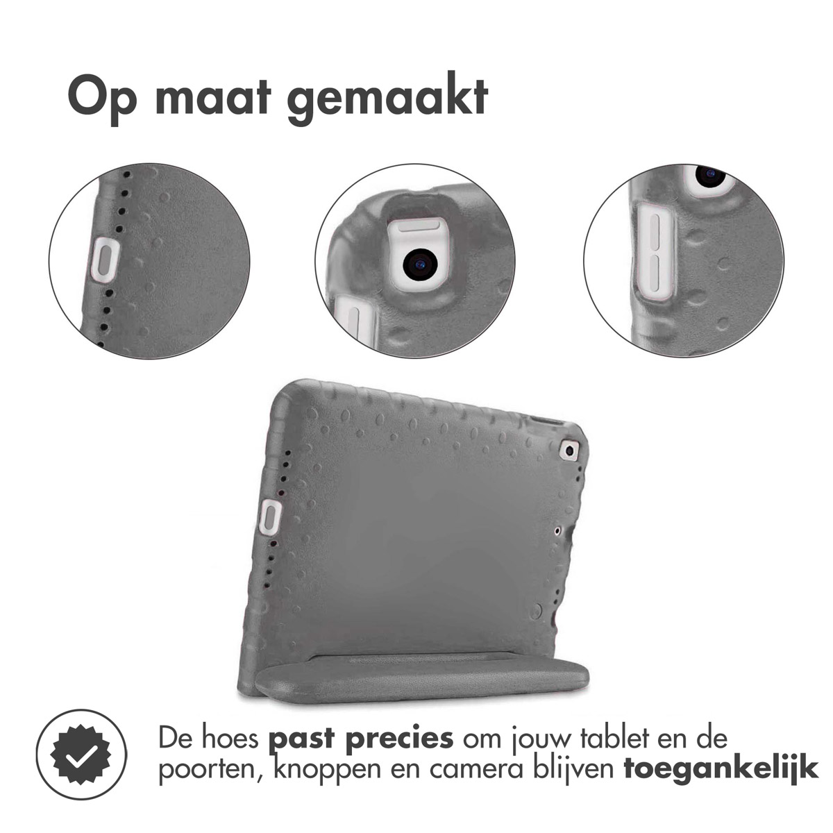 Een grijze tablethoes met precieze uitsparingen voor poorten, knoppen en camera, in detail getoond.