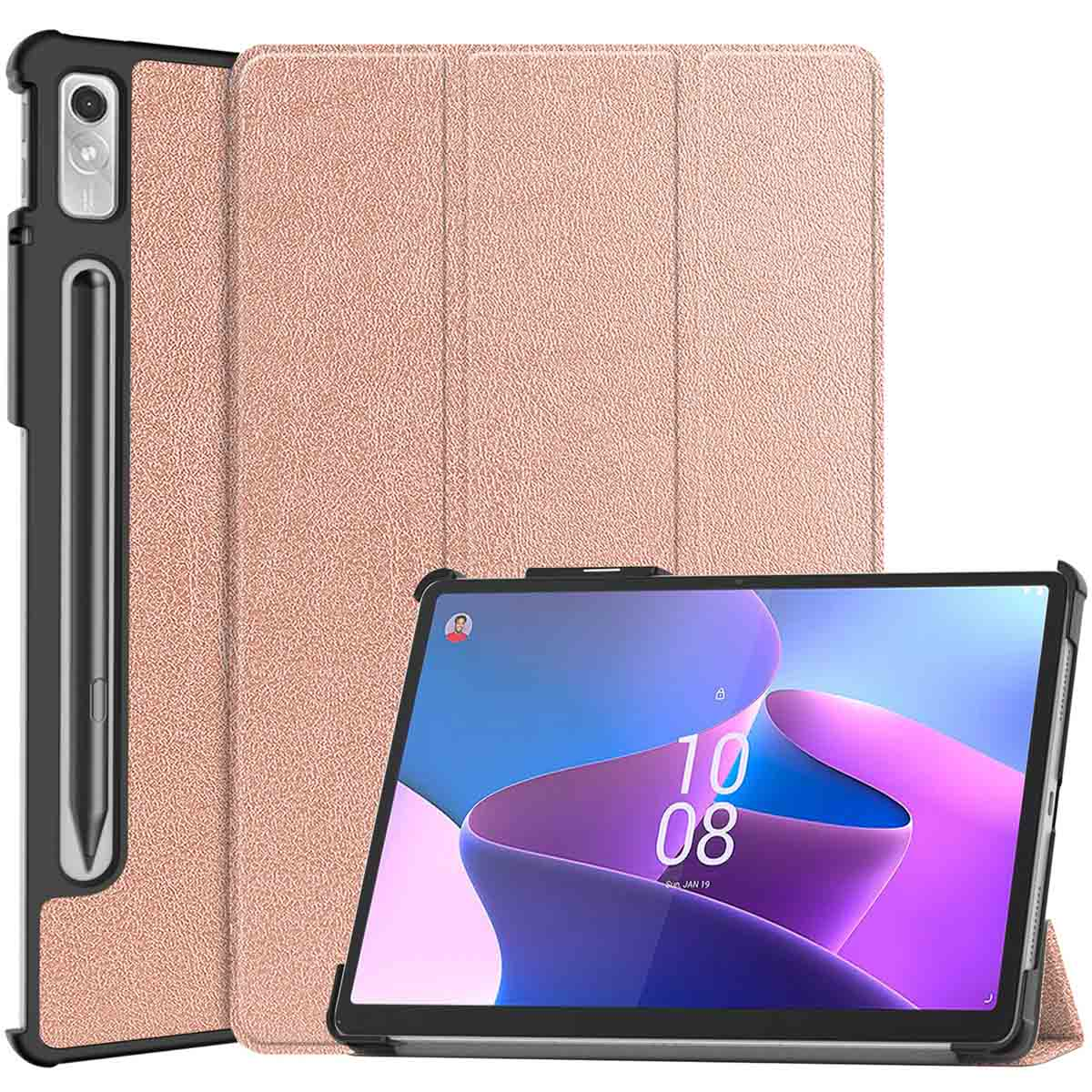 Une tablette dans un étui or rose avec une fente pour stylo. L'écran est visible et l'étui est ouvert.