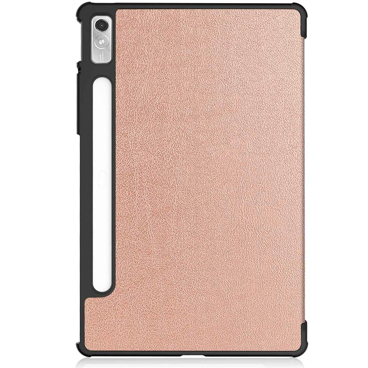 Étui de tablette rose avec une tablette à l'intérieur. L'étui est plié pour tenir debout. Objectif de la caméra visible.