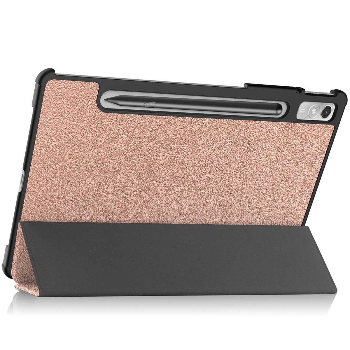 Een roségouden tablet met penhouder en zwarte standaard.