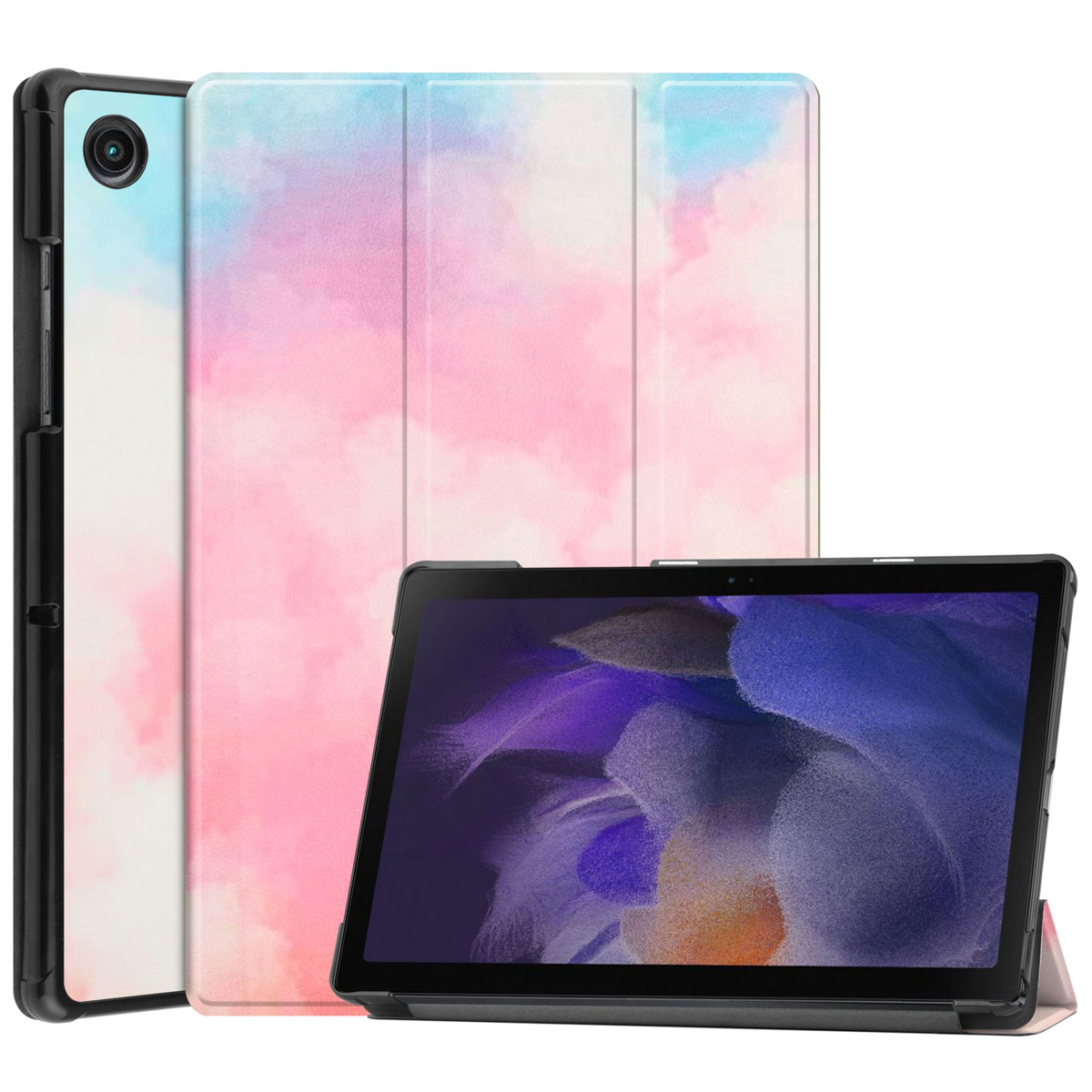Tablet en hoes met een kleurrijk aquarelontwerp. Achtergrond is wit.