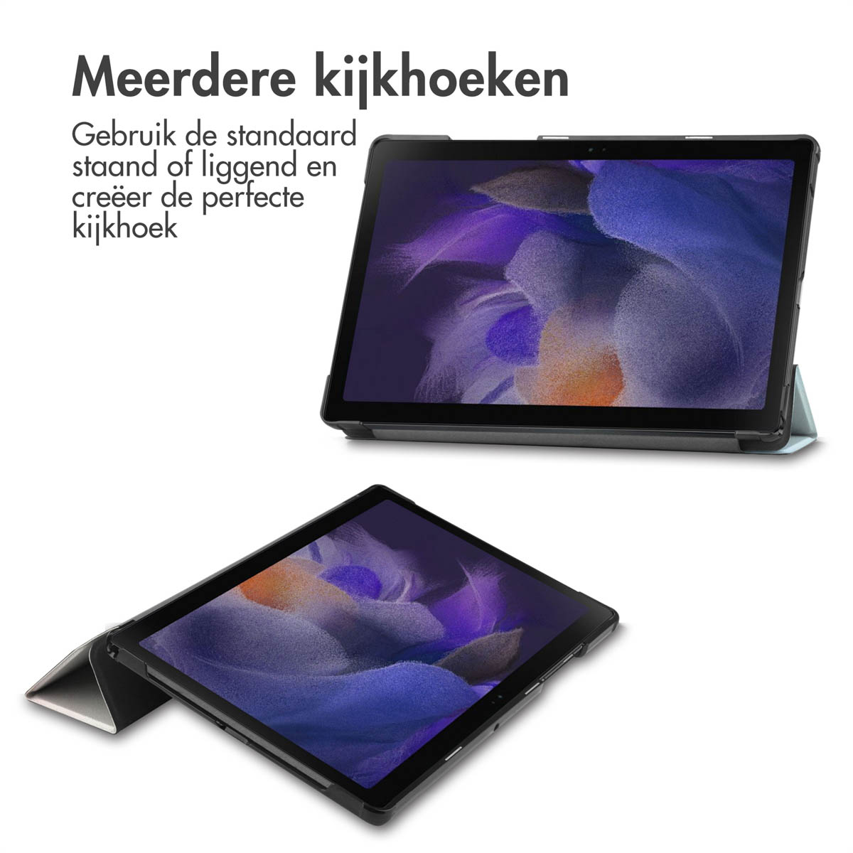 Tablets in verschillende hoeken, met een zwarte cover, verschillende weergaven.