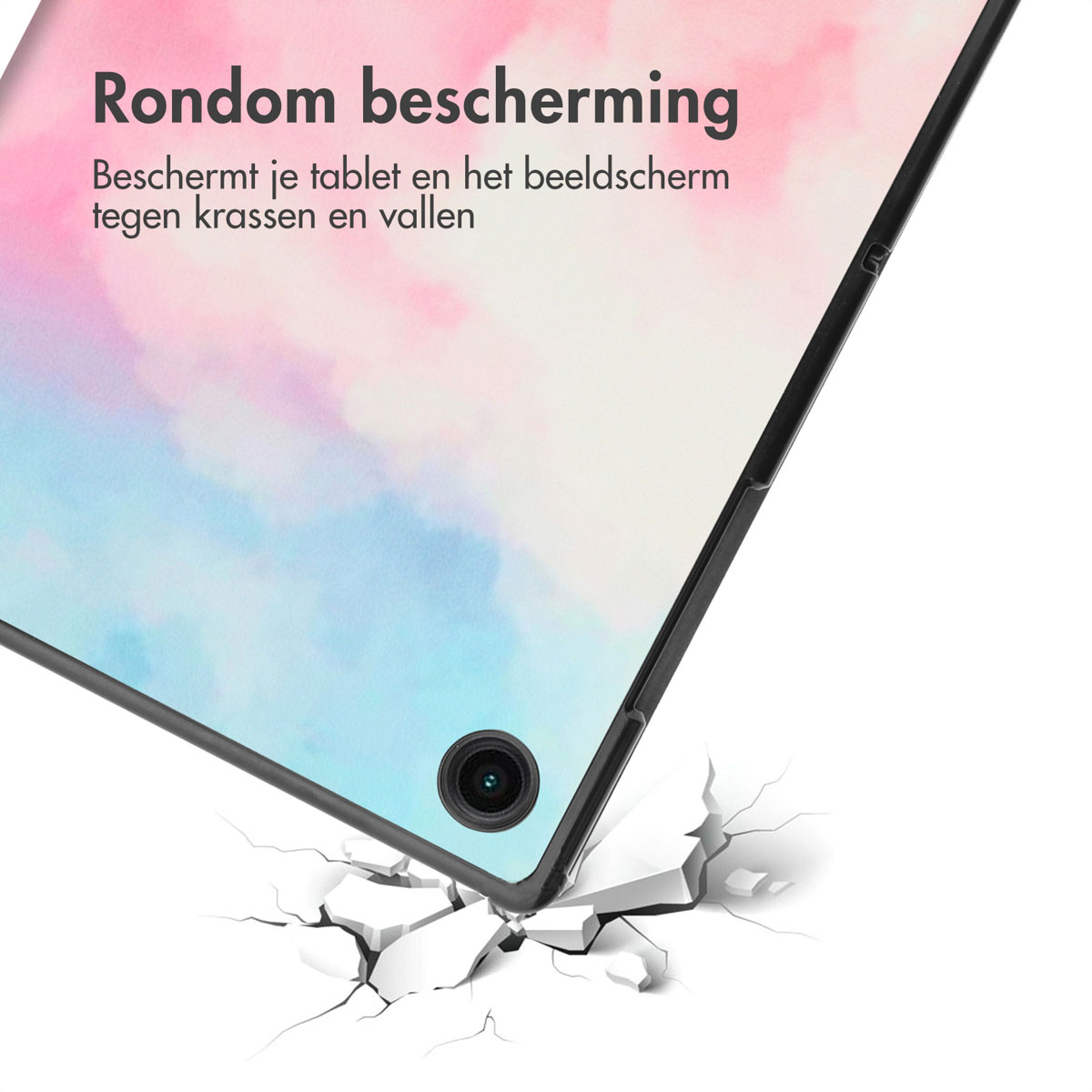 Tablethoes, onderste hoek toont impact. De hoes zit om de tablet.