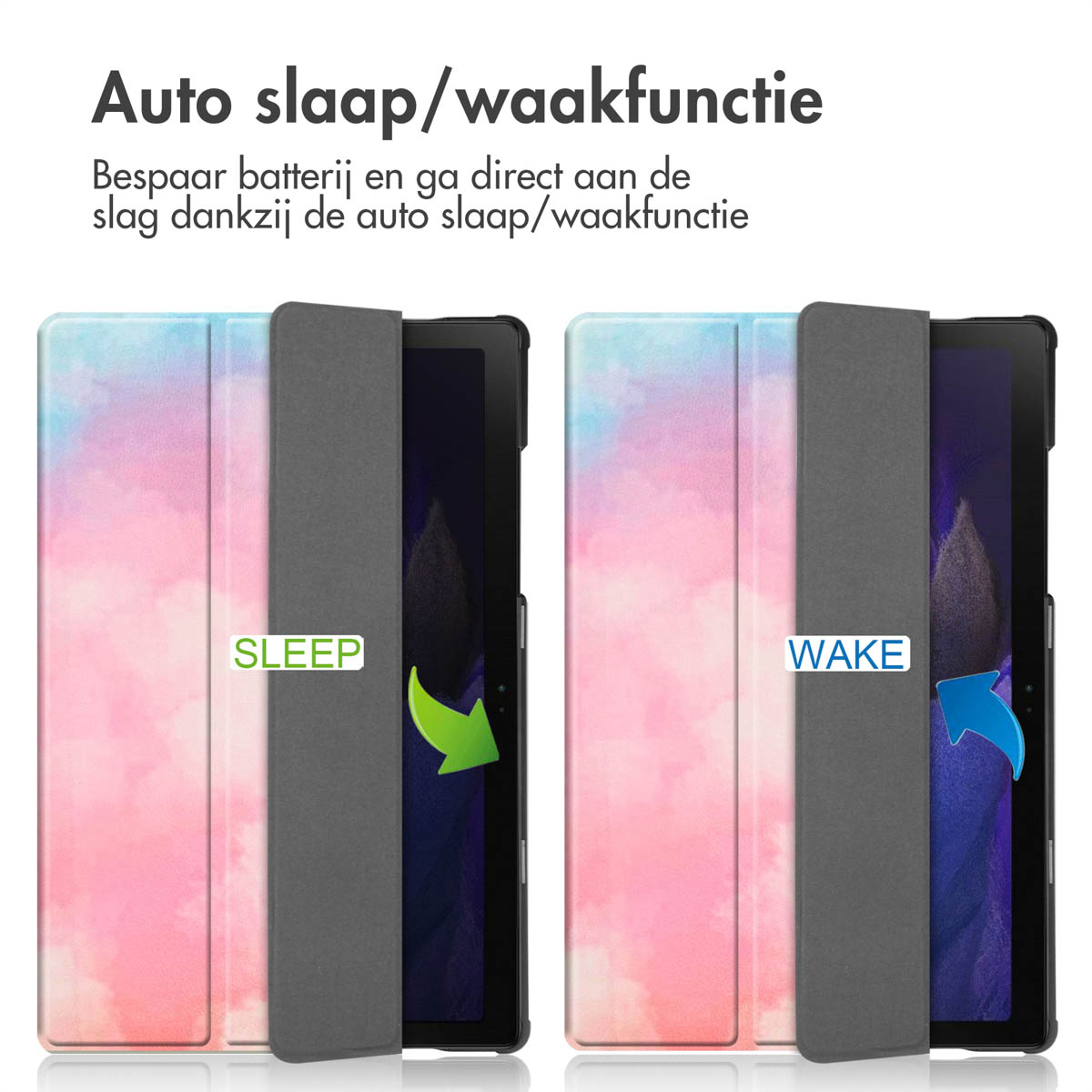 Tablethoesjes die de slaap- en wekfunctie tonen. De hoesjes hebben een aquarelachtig ontwerp.