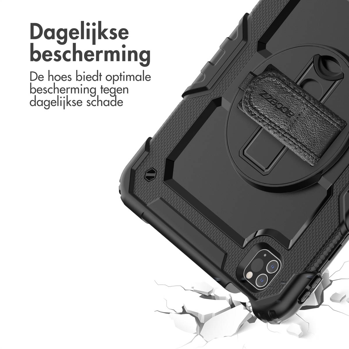 Étui de téléphone noir, avec un support et un trou pour l'appareil photo. L'étui est sur une surface.