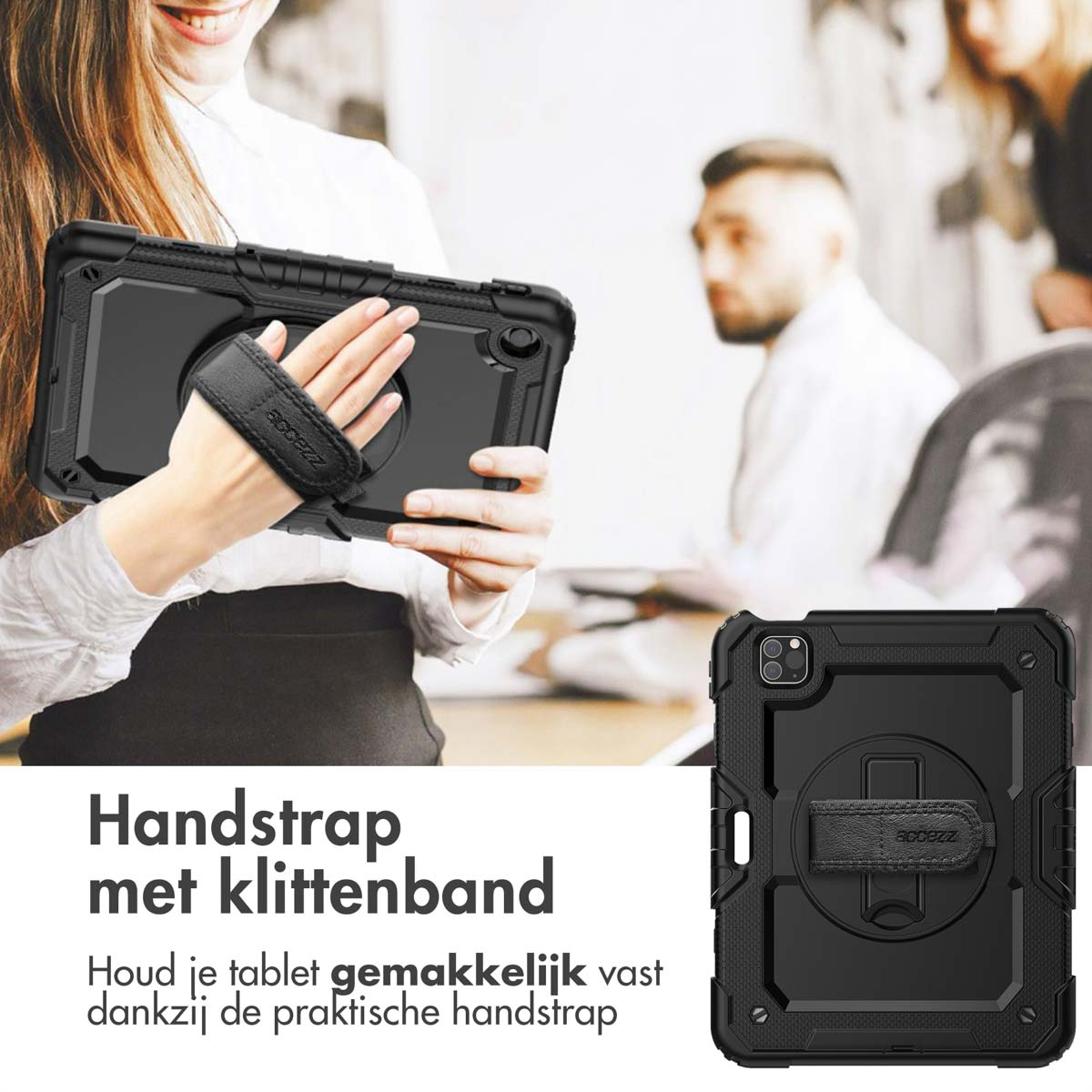 Une personne tenant une tablette noire dans un étui de protection avec une dragonne.