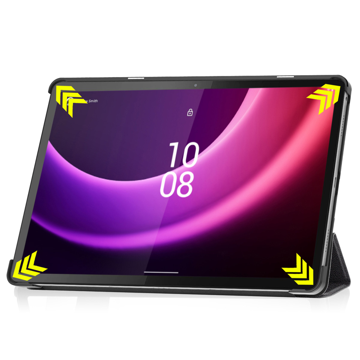 Tablet in a case, with yellow arrows on the corners. Text: Shockproof.