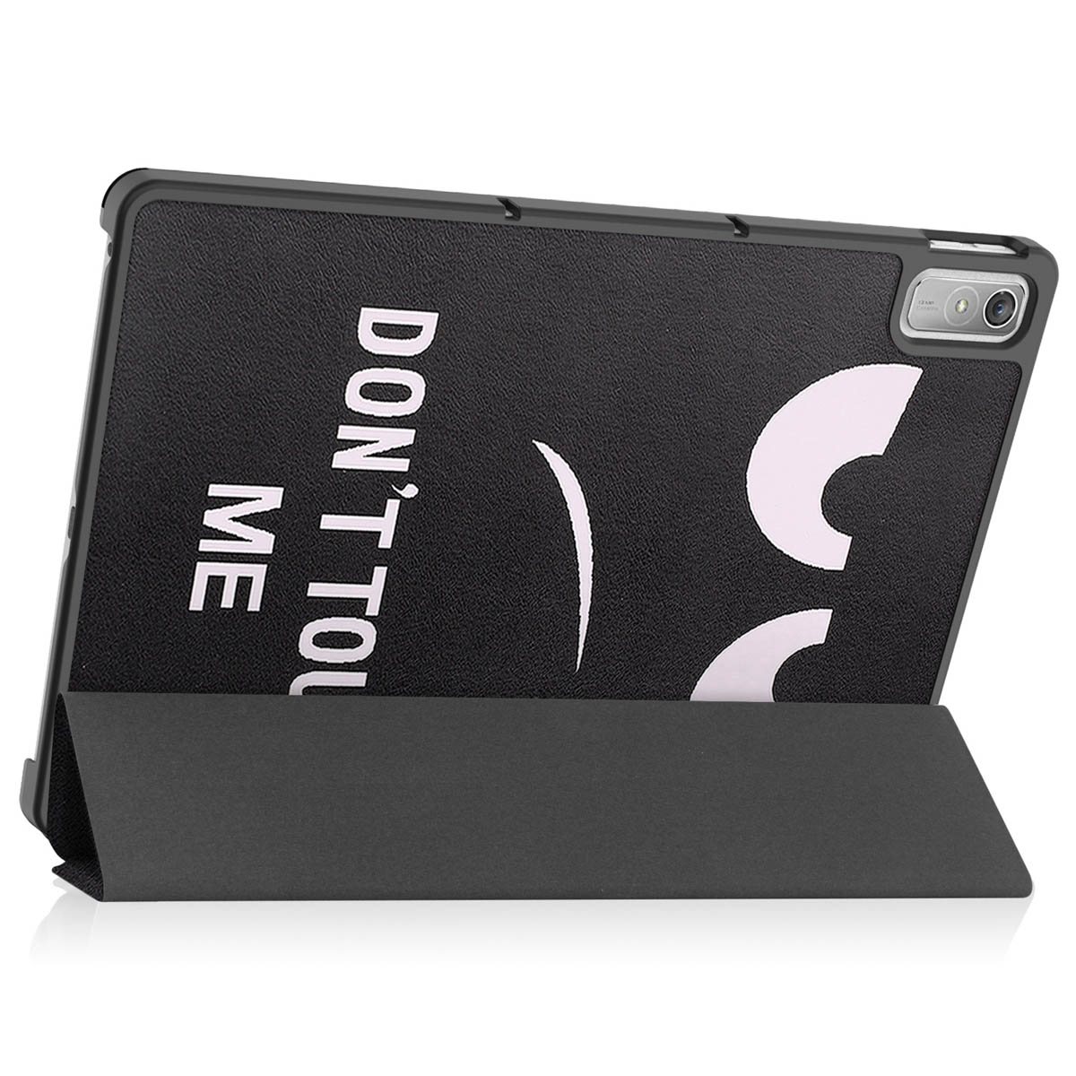 Black tablet case with white text: 'DON'T TOUCH ME' and a smiling face.
