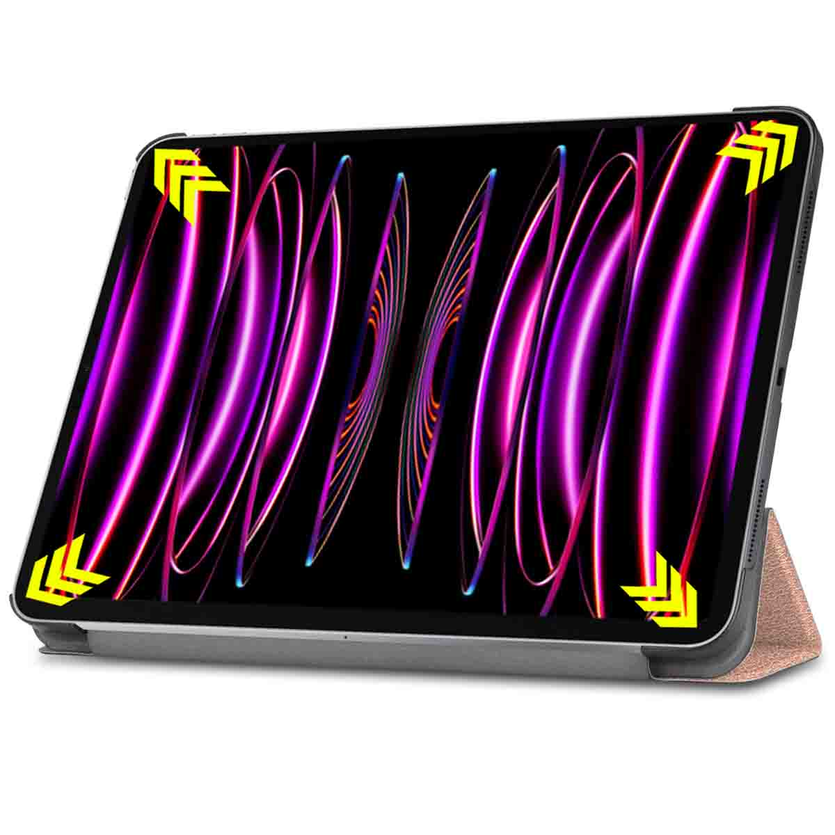 Tablet in a case, purple screen with curved lines. Yellow arrows indicate protection.