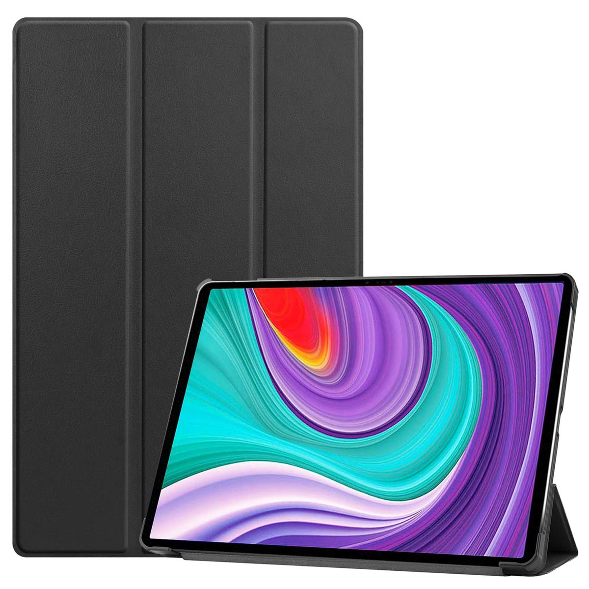 Black tablet case, closed. Black case with a simple design, closed position.