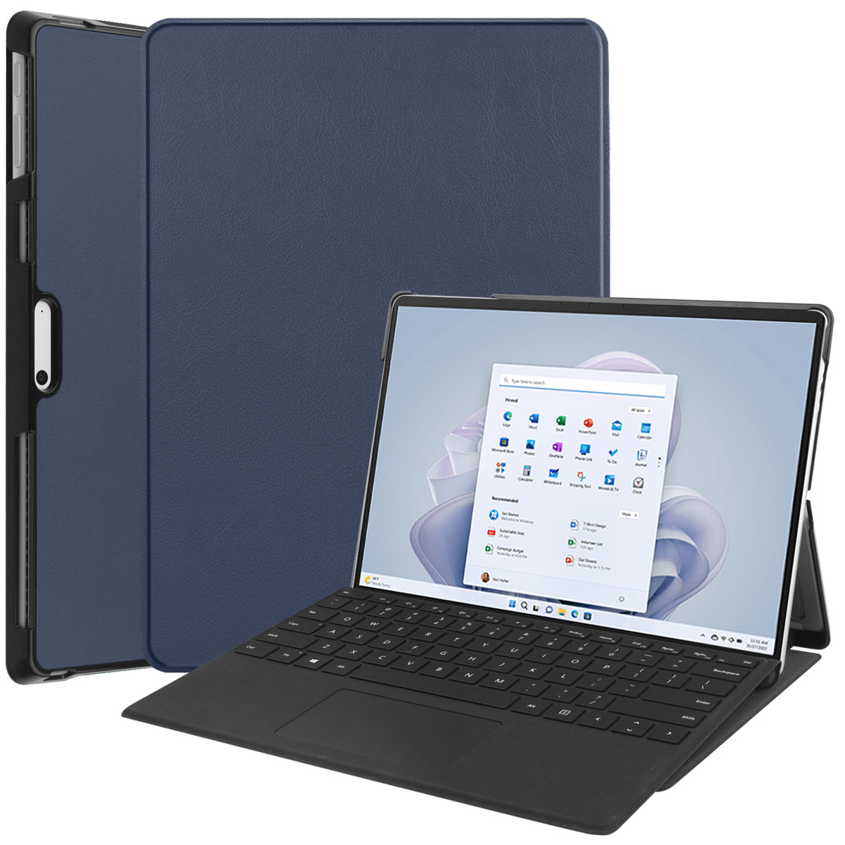 A laptop with a keyboard and screen, inside a blue case. The screen displays a Windows interface.