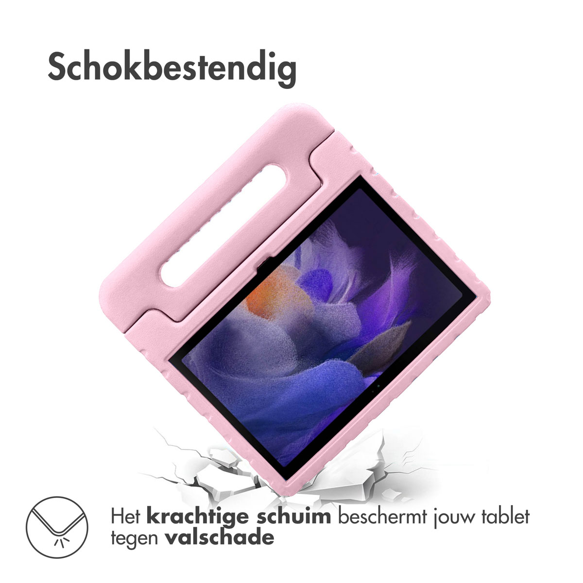 Roze schokbestendige tablethoes met een tablet erin, met tekst: Het krachtige schuim beschermt uw tablet.