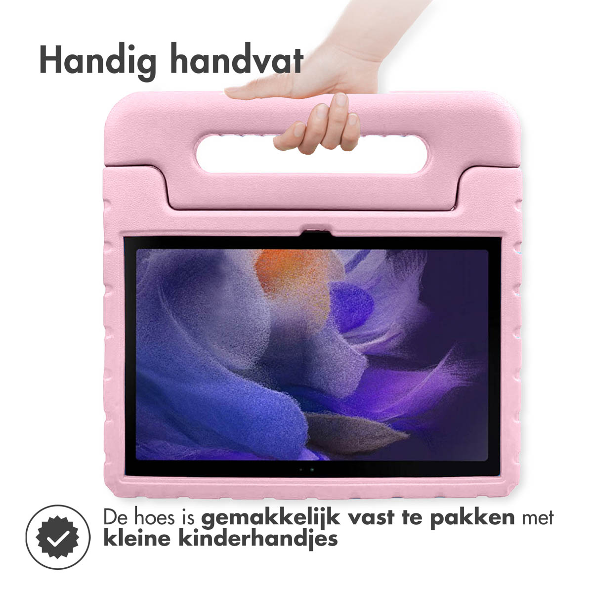 Een roze tablethoes met een handvat. Een hand houdt de hoes vast en tekst geeft aan dat hij gemakkelijk vast te houden is.