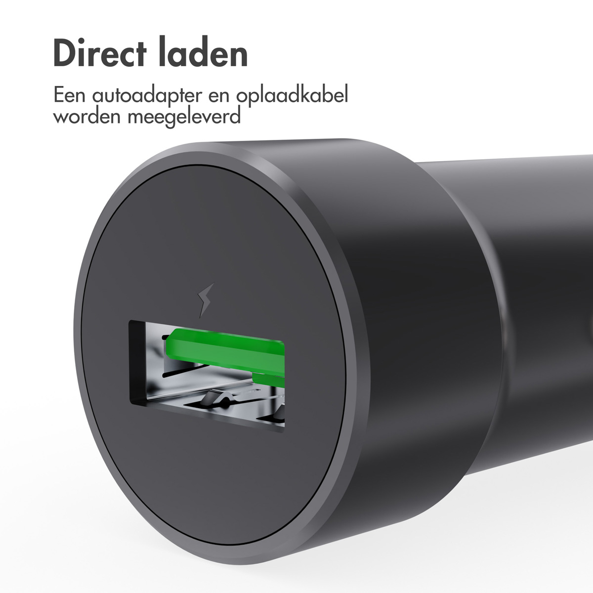 Black car USB adapter with a green charging port and lightning bolt symbol.