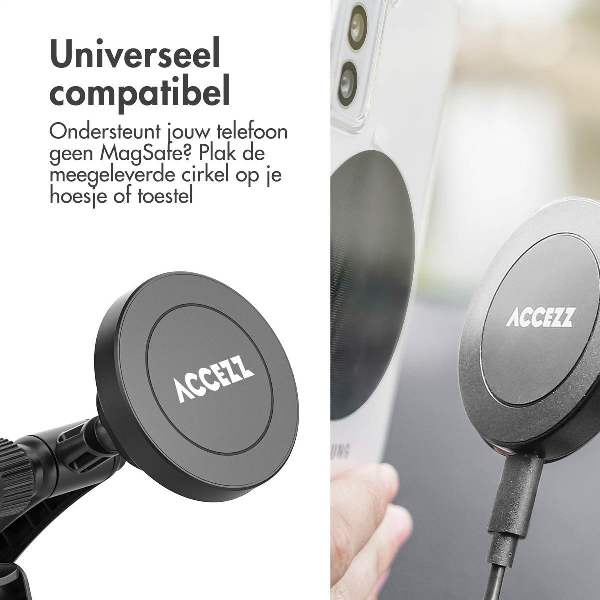 A black magnetic ring with ACCEZZ logo on a phone.