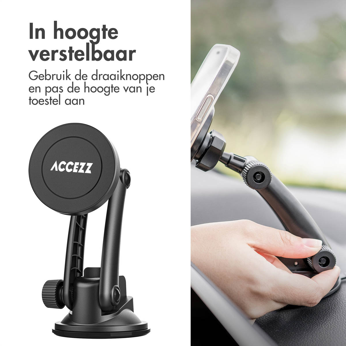 Black phone mount with suction cup and adjustable arm on a car dashboard.