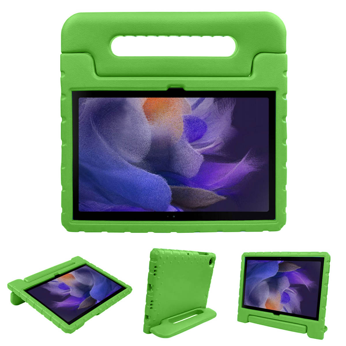 Groene tablethoes met een handvat. Tablet binnenin. Extra weergaven van de hoes. Groene kleur.