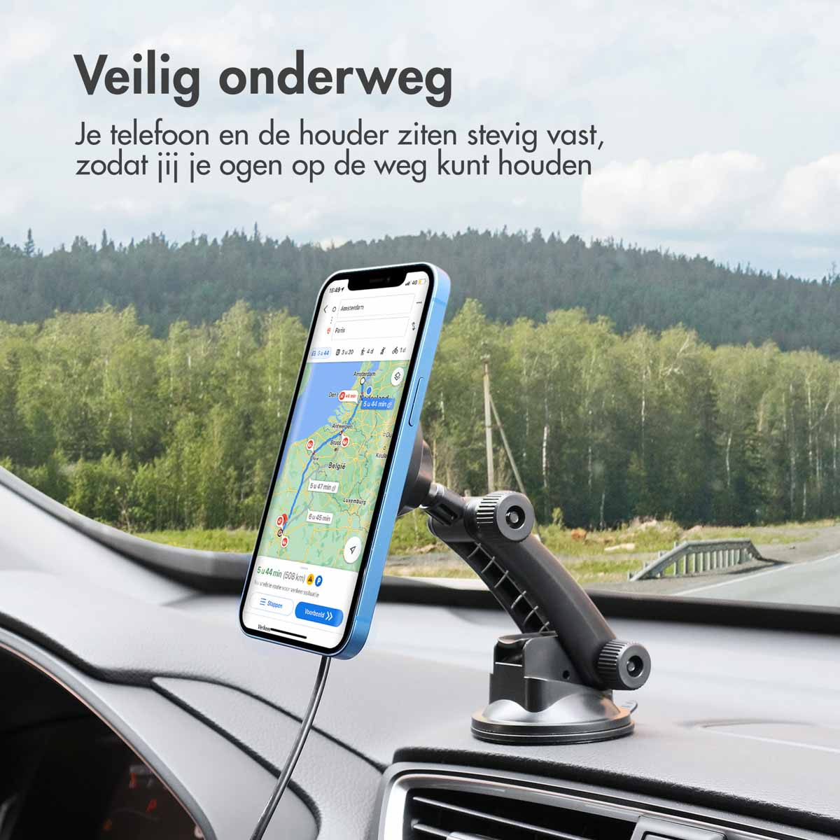 Phone on dashboard mount with navigation app open, view of the road ahead.