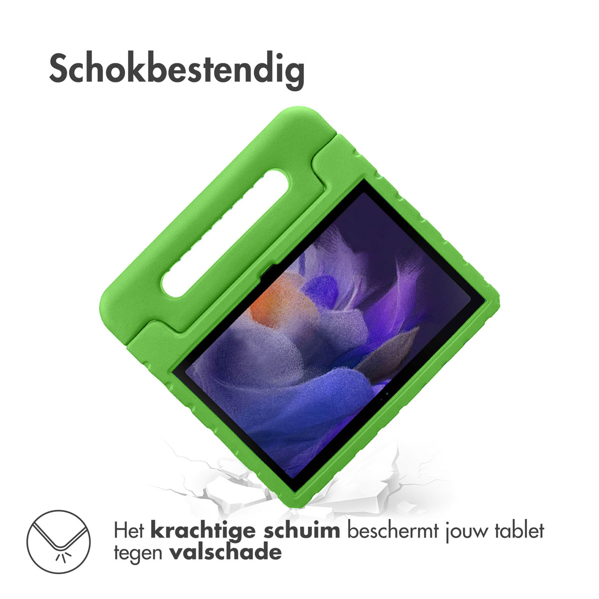 Groene tablethoes. De hoes beschermt de tablet, de tablet valt en barst het oppervlak.